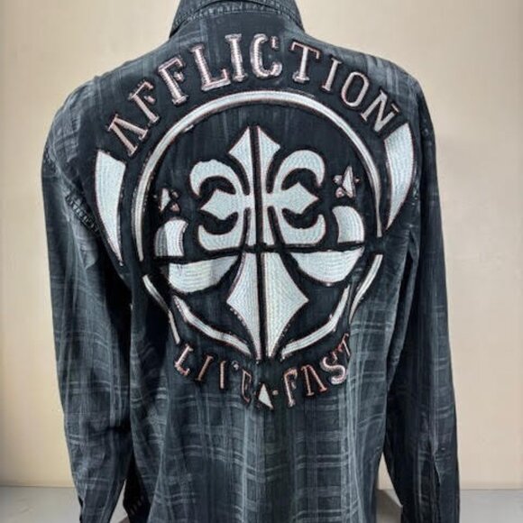 Affliction Black Premium Button Up Long Sleeve Men' 2XL Back HIT Embroidered - Picture 4 of 4